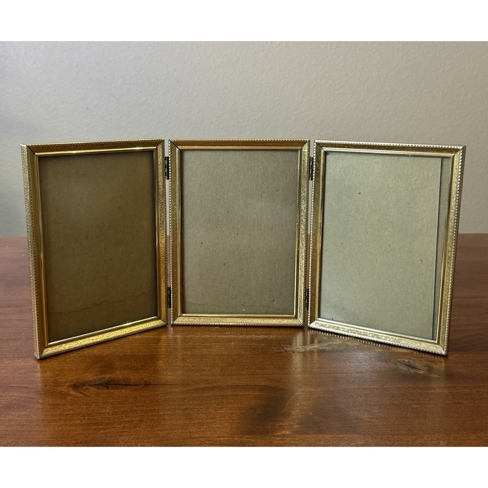 Vintage Trifold Picture Frame Gold Tone Folding Frame 5x7 Photo Display Frame